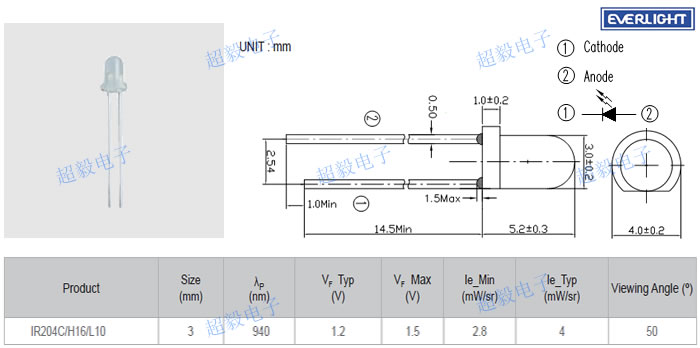 亿光红外线发射管IR204C/H16/L10尺寸