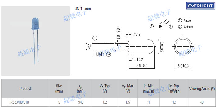 亿光940nm红外线发射管IR333/H0/L10尺寸