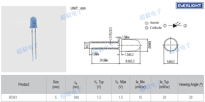 亿光5mm红外线发射管IR383尺寸