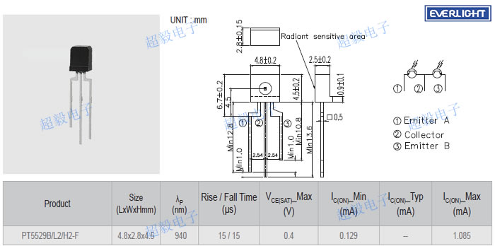 亿光侧面红外线接收管PT5529B/L2/H2-F尺寸