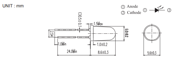 IR383 亿光 5mm 940nm 红外发射二极管尺寸图